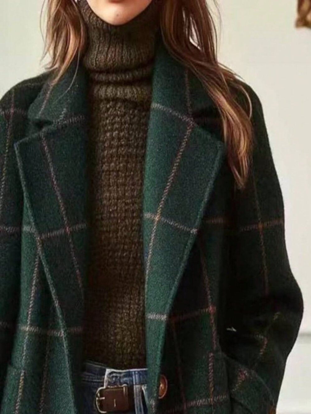 Dark Green Casual Women's Plaid Rib-Knit Single Breasted Regular Trench Coat - Picture 6 of 7